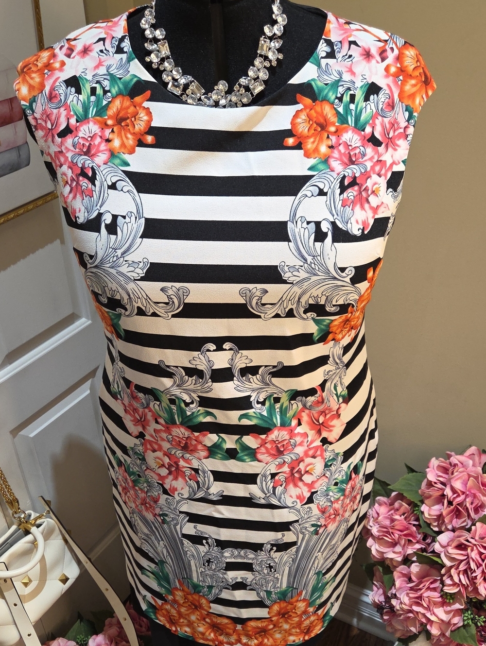 Nwot 16 Voir Voir Black & White Striped Midi Dress with Orange and Pink Floral - Picture 13 of 17